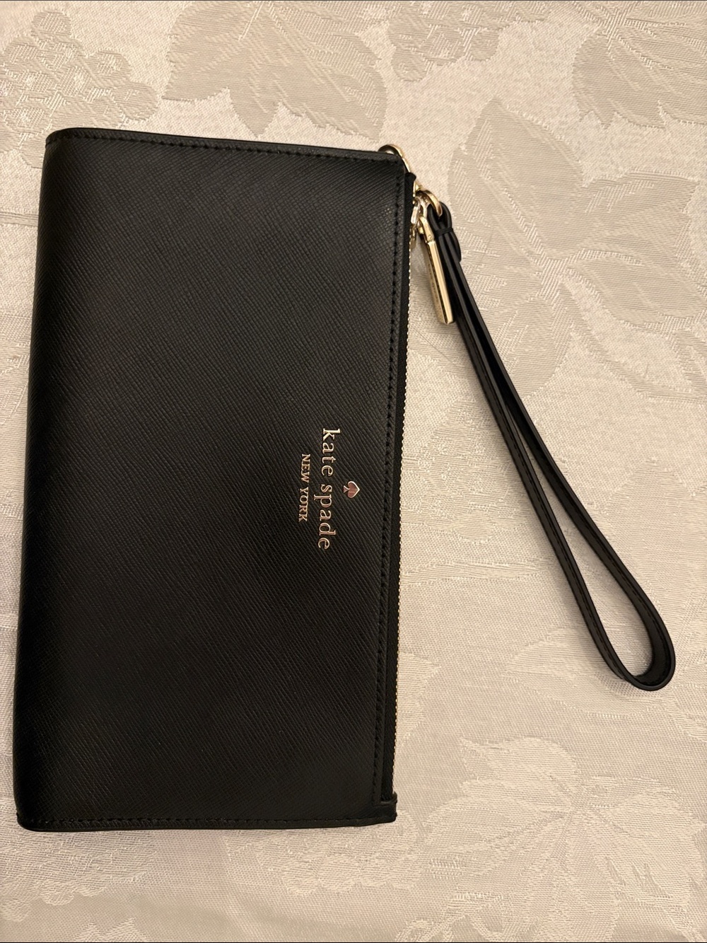 kate spade Black Leather Zip-Around Wristlet with Gold Logo